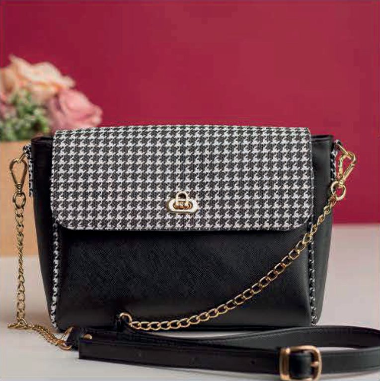 Bolsa pied-de-poule com corrente dourada